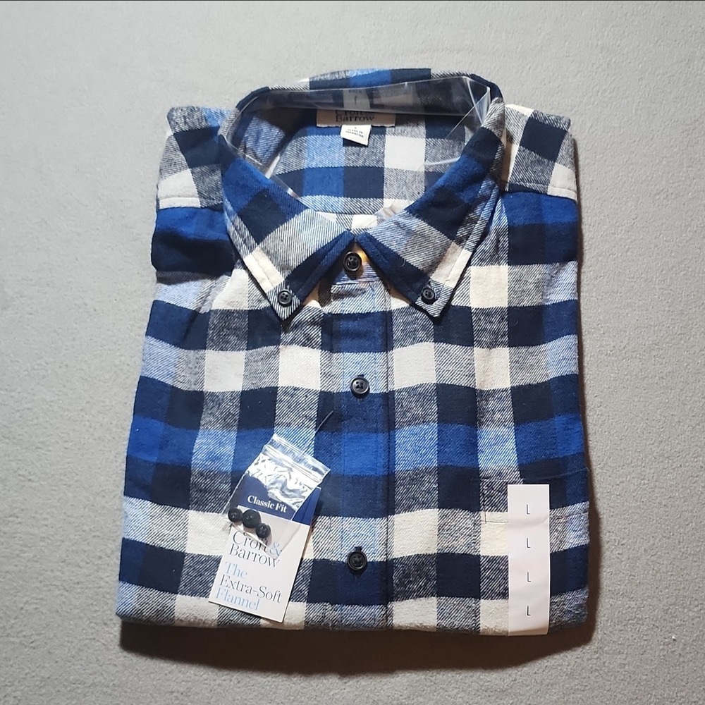 Croft & Barrow Men's L Blue Cotton Flannel Plaid Classic Fit Long Sleeve Shirt